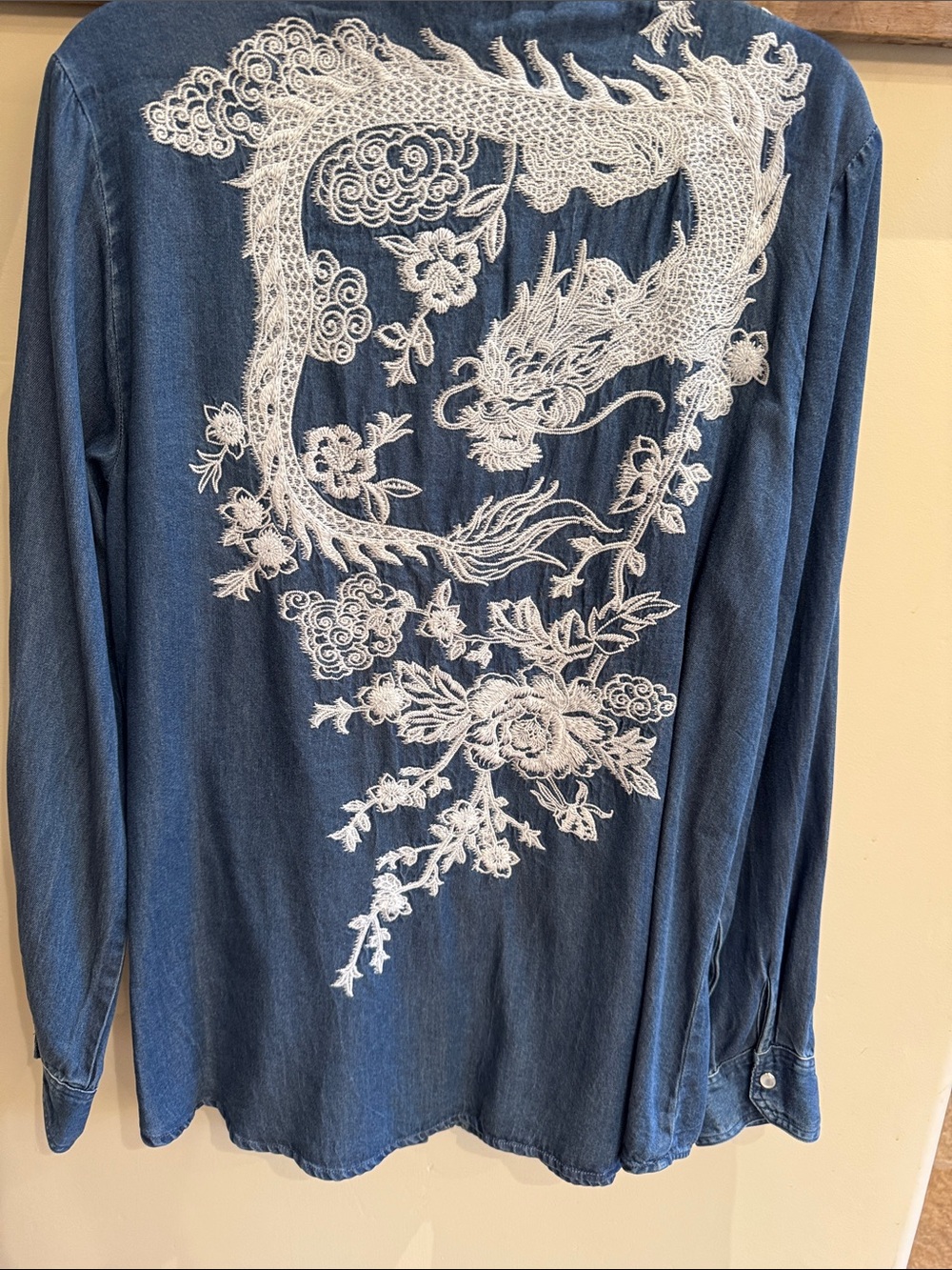 Johnny Was Denim Shirt with White Embroidery - Dragon on the Back Size Large - Picture 6 of 6